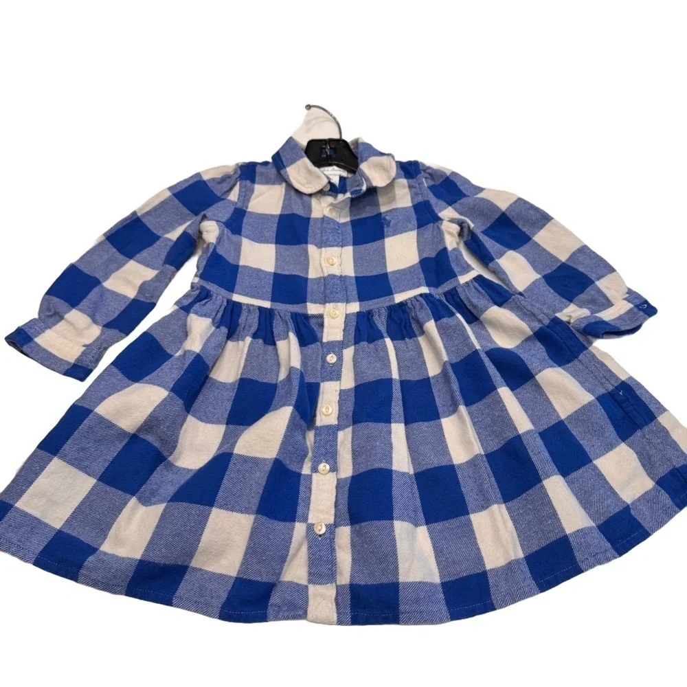 RALPH LAUREN BLUE PLAID COTTON TWILL SHIRT DRESS SIZE 24 MONTHS